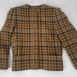 Vintage G. Gucci Women’s Wool Blazer Brown Tan Black Plaid Button Front Size M